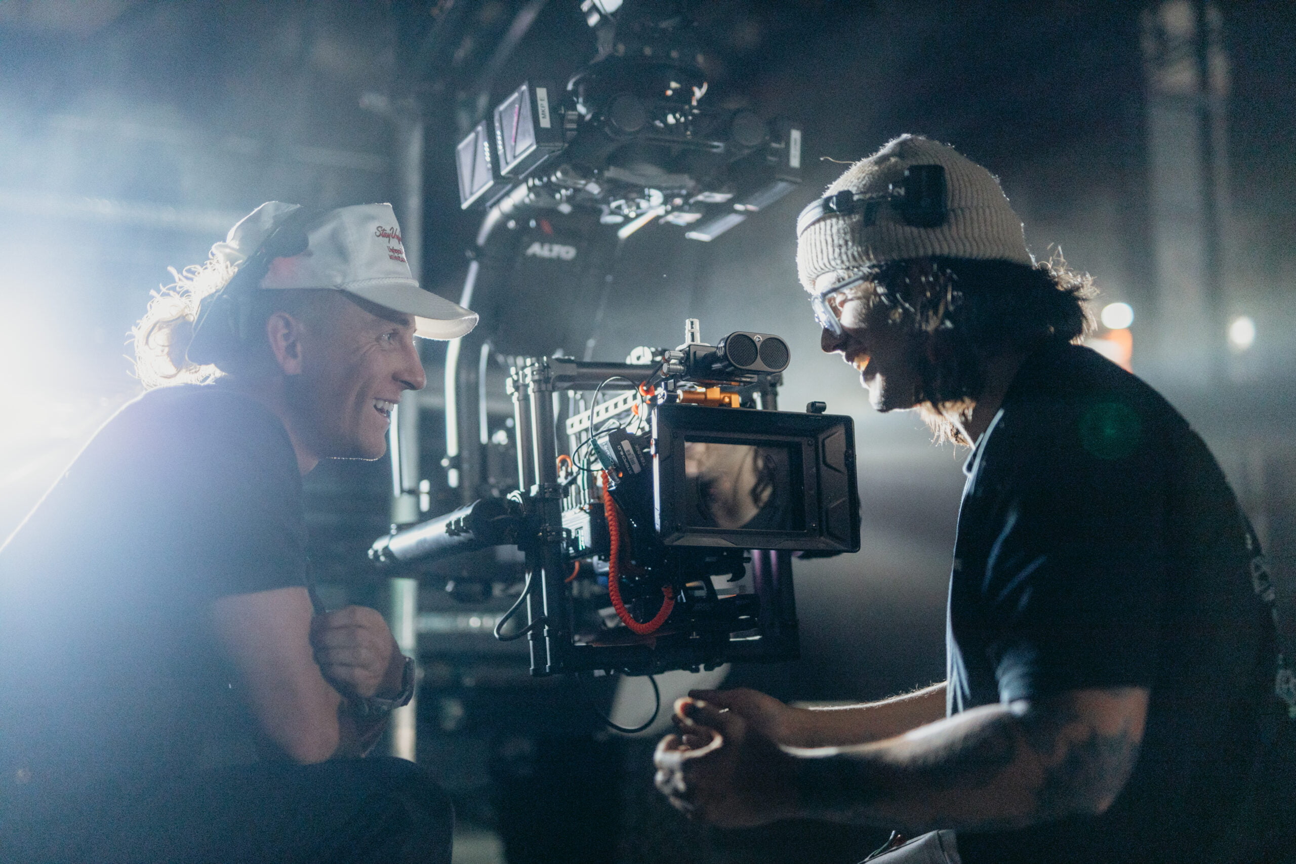 DOP Mason K. Prendergast (left) and 1st AC Giuseppe LoTempio (right) in conversation on the set of “Alto Visuals”.